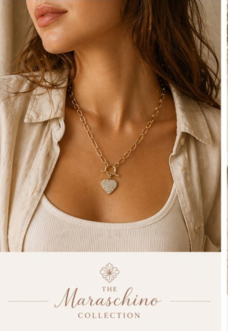 Gold Heart Toggle Necklace Pave Rhinestone Pendant 18” Chain Statement Jewelry